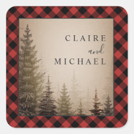Pegatina Cuadrada Boda de árboles evergreen de relleno de búfalo