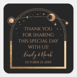Pegatina Cuadrada Boda de Astronomía Mystical Black Gold Sun Moon