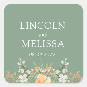 Pegatina Cuadrada Boda de Basil, Peach y Floral Blanca
