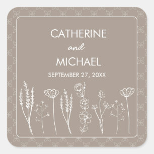 Pegatina Cuadrada Boda de Beige Wildflower Bohemira