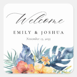 Pegatina Cuadrada Boda de bienvenida de verano tropical floral