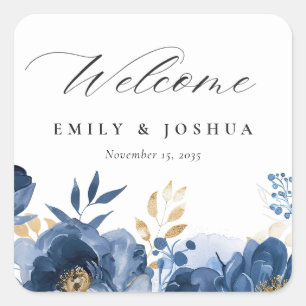 Pegatina Cuadrada Boda de bienvenida Dusky Blue Gold Floral