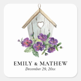 PEGATINA CUADRADA BODA DE BIRDHOUSE FLORAL RÚSTICO DE PAÍS BLANCO