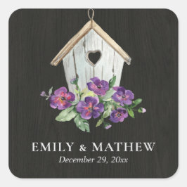 Pegatina Cuadrada Boda DE BIRDHOUSE RÚSTICO DE MADERA NEGRA