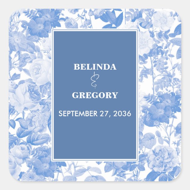 Pegatina Cuadrada Boda de Blue Watercolor Botanals Florals (Anverso)