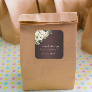 Pegatina Cuadrada Boda de Boho Burgundy y Rosas Vintage