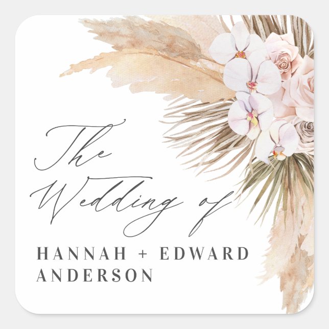 Pegatina Cuadrada Boda de boho de escritura botánica secada en pasto (Anverso)