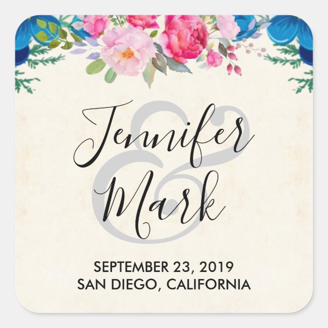 Pegatina Cuadrada Boda de borde de flor rosa y azul (Anverso)