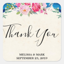 Pegatina Cuadrada Boda de borde de flores rosa y azul gracias