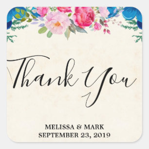 Pegatina Cuadrada Boda de borde de flores rosa y azul gracias