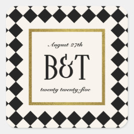 Pegatina Cuadrada Boda de borde de tablero de cheques negro y dorado