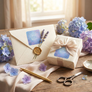Pegatina Cuadrada Boda de Borde Dorado Botánico Periwinkle Brumoso