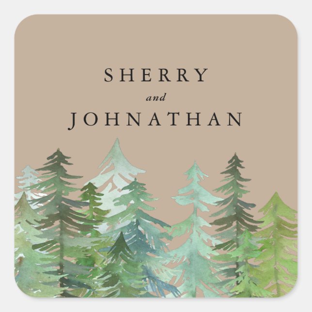 Pegatina Cuadrada Boda de bosque de acuarela (Anverso)