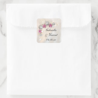 Pegatina Cuadrada Boda de Botones de Diamante Rosa y Perla Blanca Fa