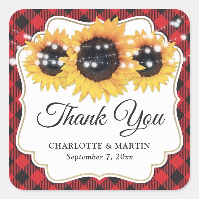 Pegatina Cuadrada Boda De Búfalo Rojo De Girasol Gracias (Anverso)