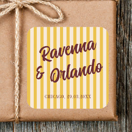 Pegatina Cuadrada Boda de Burgundy Retro con Franja de Melocotón Dis