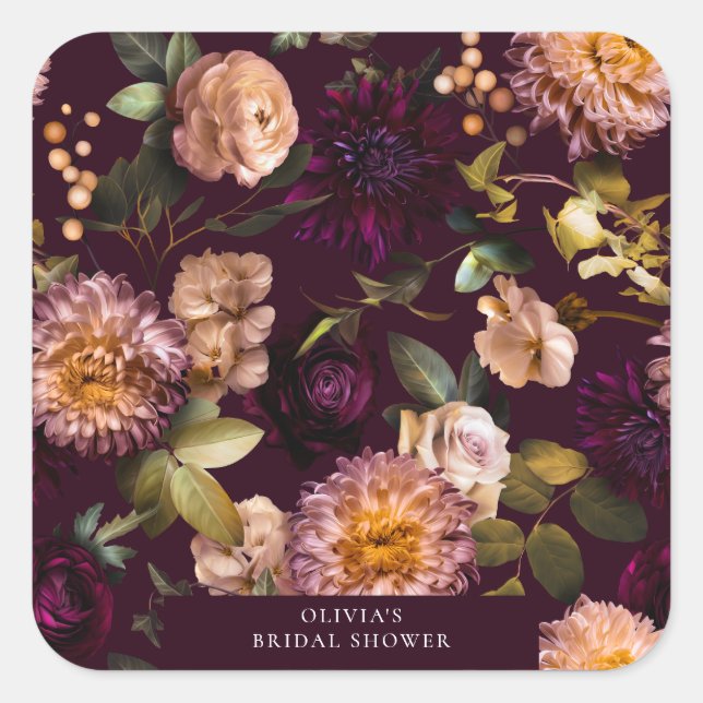 Pegatina Cuadrada Boda de Burgundy Romántica Oscura y Melancólica (Anverso)