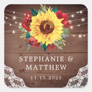 Pegatina Cuadrada Boda de Caída Rústica del Girasol Lace Rojo Rosa