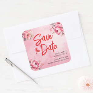 Pegatina Cuadrada Boda de Caligrafía de Flor de Rosa Rosa Acuarela