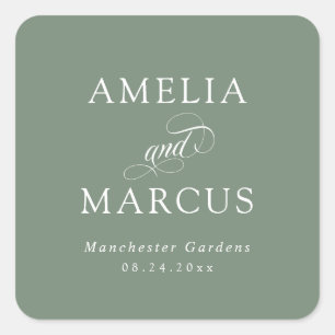 Pegatina Cuadrada Boda de caligrafía de venado verde de Sage