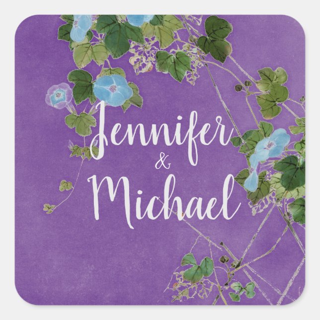 Pegatina Cuadrada Boda de caligrafía plana moderna Nombre Floral (Anverso)