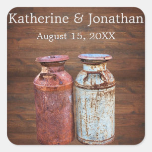 Pegatina Cuadrada Boda de campo con latas de leche rústica antigua g