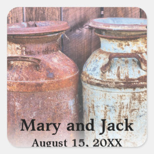 Pegatina Cuadrada Boda de campo con latas de leche rústica granja an