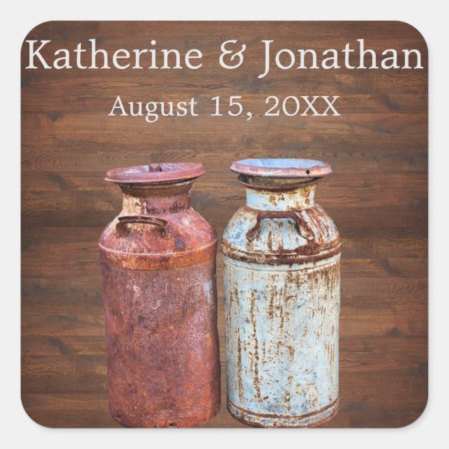 Pegatina Cuadrada Boda de campo de latas de leche rústico presupuest (Anverso)