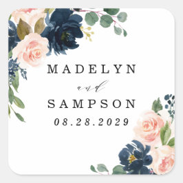 Pegatina Cuadrada Boda de campo floral rosa azul marina y Rubor