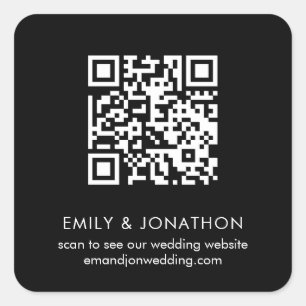 Pegatina Cuadrada Boda de código QR Nombres de sitio web blancos Neg