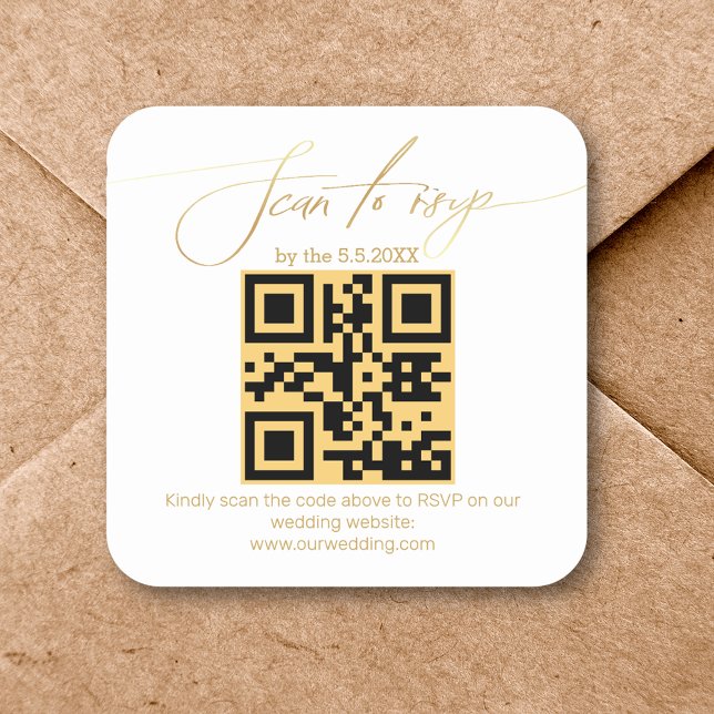 Pegatina Cuadrada boda de código rsvp qr de escritura a mano de oro  (Subido por el creador)