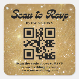 Pegatina Cuadrada boda de código rsvp qr de script retro de chispas 