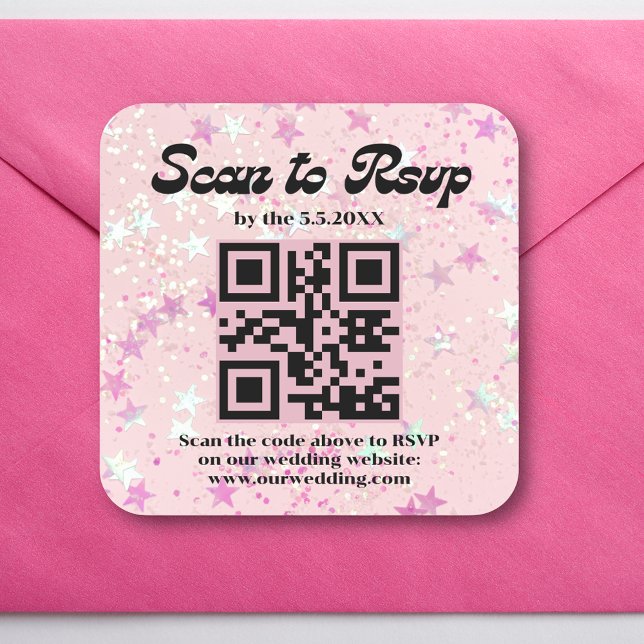 Pegatina Cuadrada boda de código rsvp qr de script retro rosa (Subido por el creador)