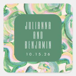 Pegatina Cuadrada Boda de color de agua verde de arte moderno