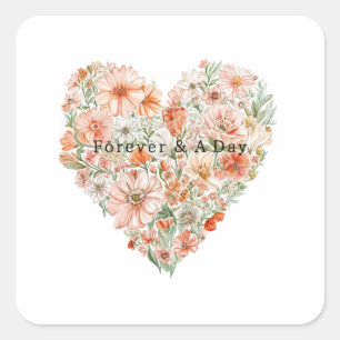 Pegatina Cuadrada Boda de Corazón Floral de Melocotón Bonito