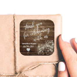 Pegatina Cuadrada Boda de Corazones de Madera Rústica Personalizada