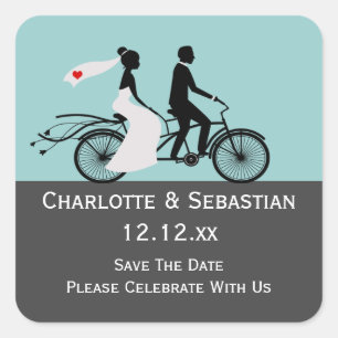 Pegatina Cuadrada Boda De Cute Tandem Bike Bride Y Groom