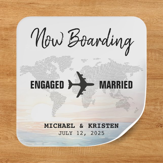 Pegatina Cuadrada Boda de destino Océano Atardecer de embarque (Boarding Pass Ocean Sunset Destination Wedding Square Sticker
)