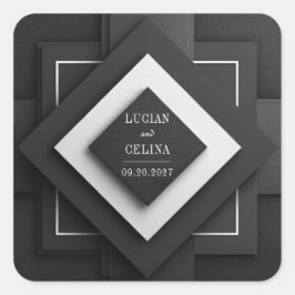 Pegatina Cuadrada Boda de Diamante Texturizada en Blanco y Negro Mon
