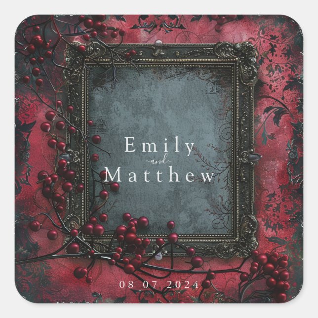 Pegatina Cuadrada Boda de Elegancia Gótica de Victoria (Anverso)