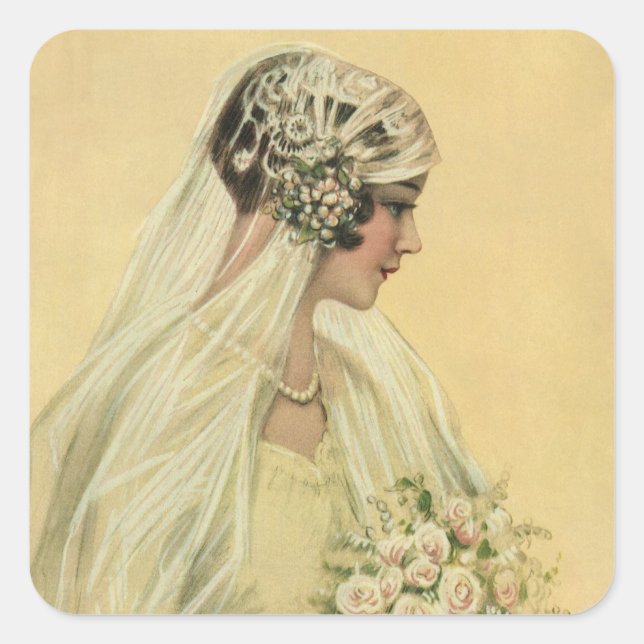 Pegatina Cuadrada Boda de época, retrato de novia victoriana (Anverso)