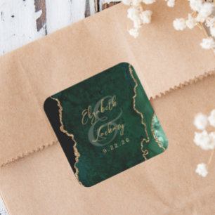 Pegatina Cuadrada Boda de escritura de ágata dorada verde esmeralda