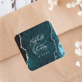Pegatina Cuadrada Boda de escritura de ágata plateada azul turquesa