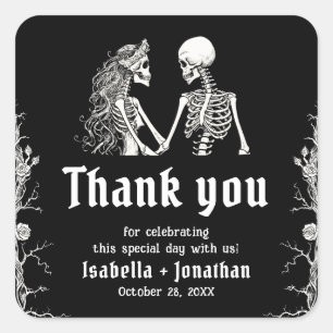 Pegatina Cuadrada Boda de Esqueleto de Halloween Gótico en Blanco y