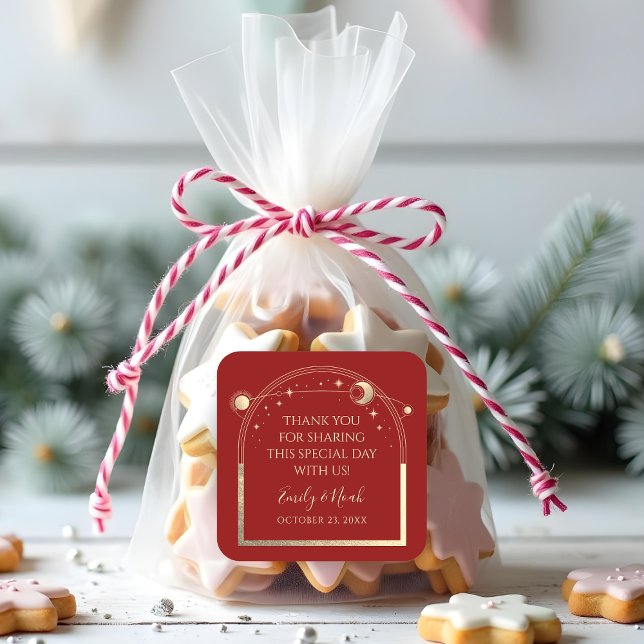 Pegatina Cuadrada Boda de estrellas de luna de oro rojo celestial  (Subido por el creador)