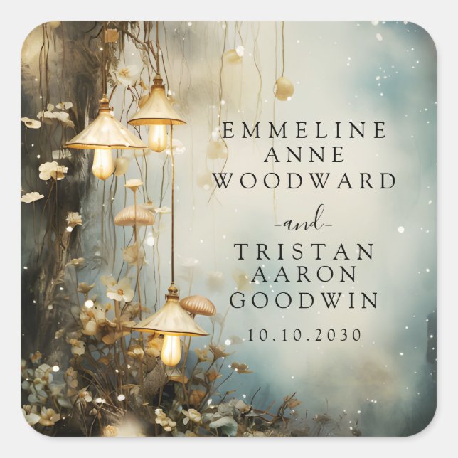 Pegatina Cuadrada Boda de faros colgantes de los bosques encantados (Anverso)