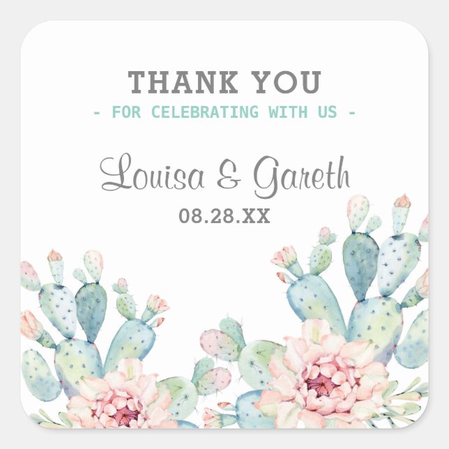 Pegatina Cuadrada Boda de Flor de Cactus Pastel (Anverso)