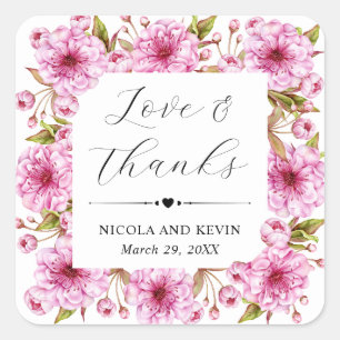 Pegatina Cuadrada Boda de flor de cerezo rosa en acuarela de primave