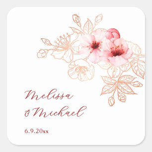 Pegatina Cuadrada Boda de flor de cerezo rosa y blanco