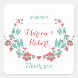 Pegatina Cuadrada Boda De Flor De Color Rojo Vintage Gracias Pegatin